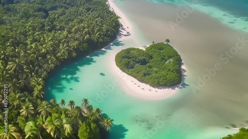 heart shaped island, aerial view, tropical beach, ocean waves, lush greenery, sand dunes, top down perspective, honeymoon travel concept photo