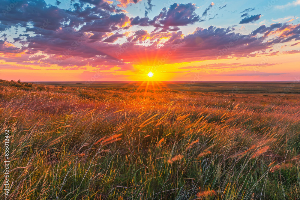 Fototapeta premium A vibrant sunset over a vast prairie, the grasses swaying in the breeze and the sky filled with warm, glowing colors.