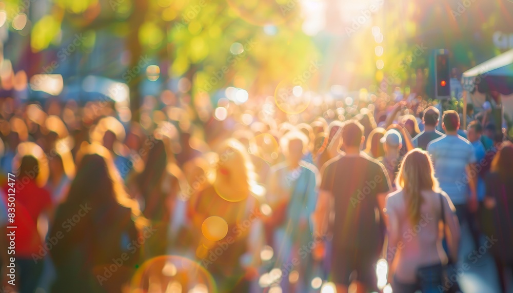 A vibrant crowd of people walking in a sunlit street during a lively day, with a bright and cheerful atmosphere. A vibrant crowd of people walking in a sunlit street during a lively day, with a bright and cheerful atmosphere.