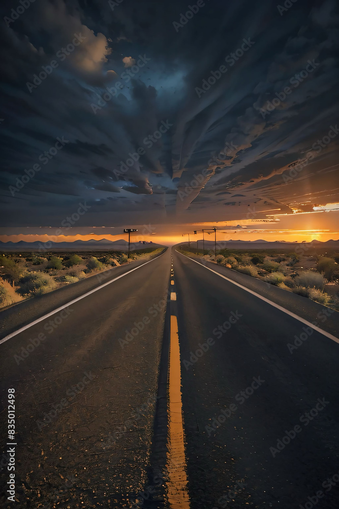 Naklejka premium Paisaje del atardecer en la carretera sin autos