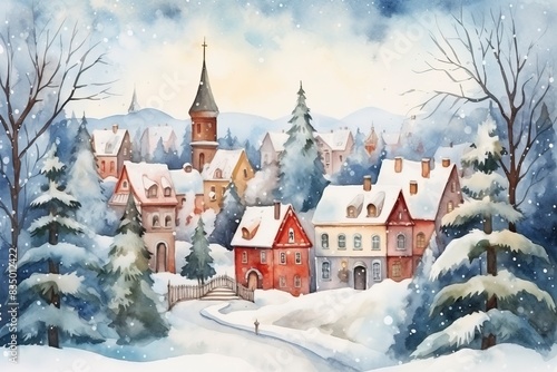 Winter village watercolor painting illustration  generative ai