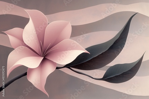 Elegant Pink Flower with Dark Leaves on Abstract Wavy Background 