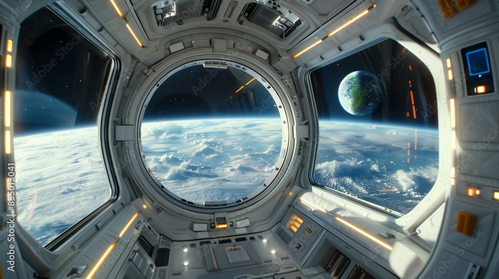 Tourists Experiencing Zero Gravity Inside a Spacecraft, Gazing at the Vast Expanse of Space and the Distant Earth, Enjoying Space Travel Adventure Tourists Experiencing Zero Gravity Inside a Spacecraft, Gazing at the Vast Expanse of Space and the Distant Earth, Enjoying Space Travel Adventure