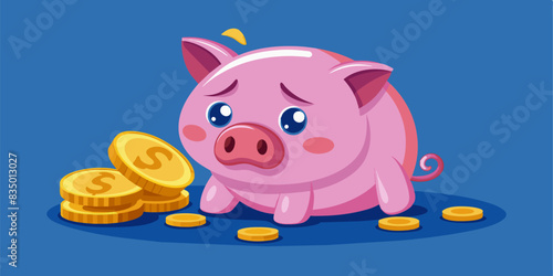 Sad and worried pink pig piggy bank next to a few gold coins, isolated on blue background. Investment failure, bankruptcy concept 