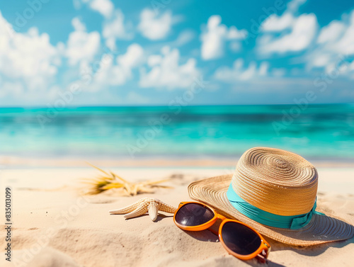 tropical beach paradise with hat and glasses  summer holiday background
