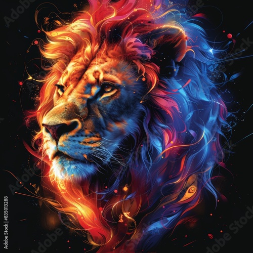 illustration of a lion's head on a dark background © racesy