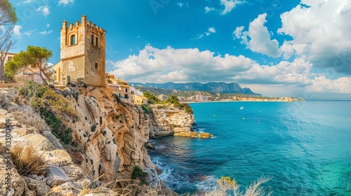 panoramic view of villajoyosa town and malladeta tower on clifftop scenic landscape in spain photo