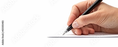 Close-up of a hand writing with a pen on a white background, symbolizing creativity, education, and office work.