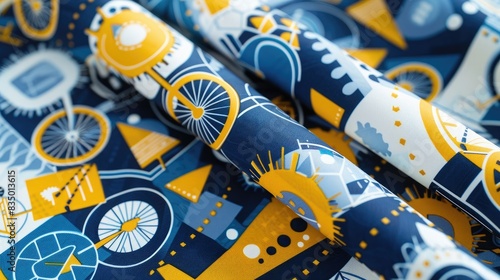Geometric Shapes in Blue Yellow and White Shapes on Cotton Fabric with a Retro Cycling Theme and Abstract Bicycle Parts Mix