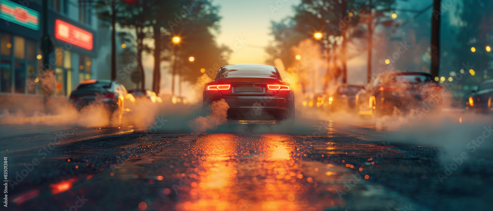 A car is driving down a wet street with a red license plate A car is driving down a wet street with a red license plate