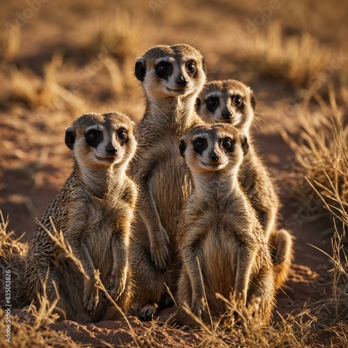 A charming family of meerkats basking in the warm sunlight on the African plains.