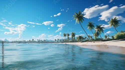 Tropical Beach with Clear Skies  Palm Trees  and Calm Ocean Waves