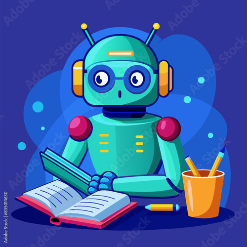 AI android robot writing text in book.