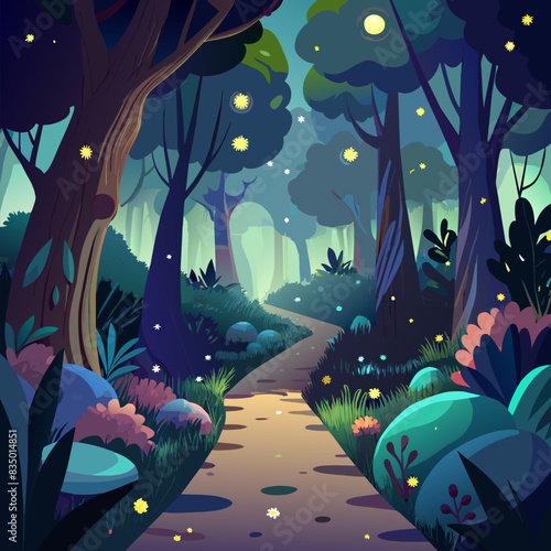 A path that leads to a separate world in the depths of the forest. Wonderful environment for fairy tale illustrations and even wallpaper.Magic fairytale forest with fireflies lights.