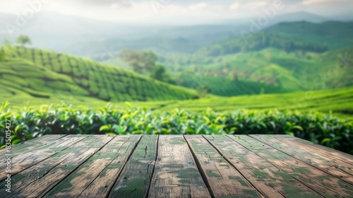 Empty wooden table top on blur green tea plantation field background  perfect for product display or montage.