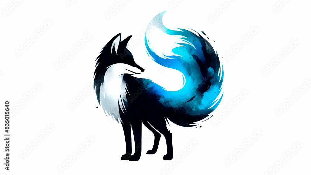 Fototapeta premium Blue and black paint brush strokes and patter for fox in watercolor, on white background