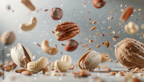 High-resolution image of various nuts floating in the air, showcasing different textures and colors against a soft background.