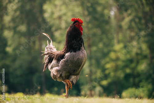 Majestic rooster eating grass in a garden.  photo