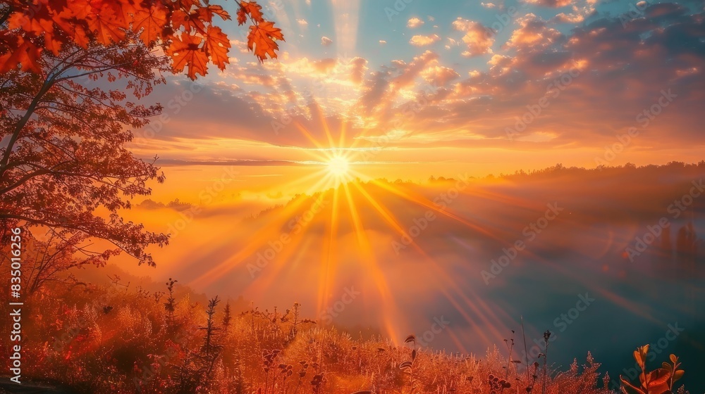 Obraz premium Sunrise with fog rays on a beautiful autumn morning