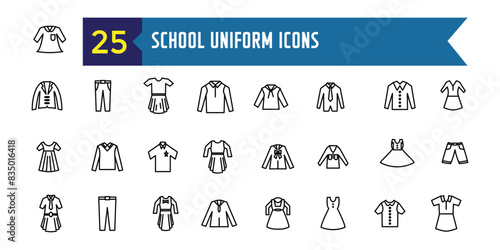 School uniform icons set. Outline set of school uniform vector icons for ui design. Outline icon collection. Editable stroke.