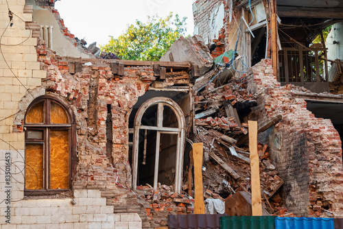 A brick building is destroyed by a rocket strike during a Russian attack on the city of Kharkiv in Ukraine. Damaged house as a result of shelling