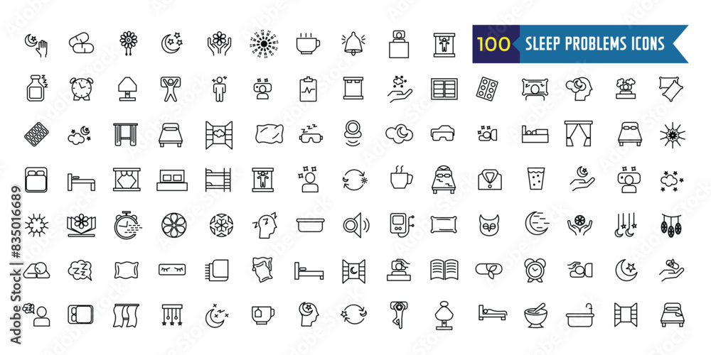 Sleep problems icons set. Outline set of sleep problems vector icons for ui design. Outline icon collection. Editable stroke. Sleep problems icons set. Outline set of sleep problems vector icons for ui design. Outline icon collection. Editable stroke.