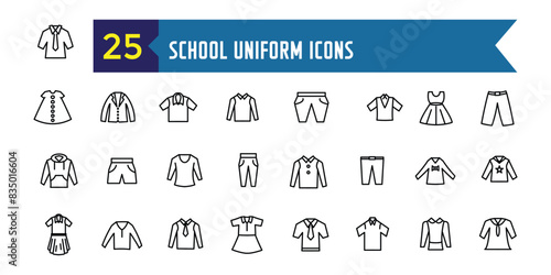 School uniform icons set. Outline set of school uniform vector icons for ui design. Outline icon collection. Editable stroke.