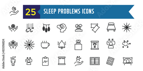 Sleep problems icons set. Outline set of sleep problems vector icons for ui design. Outline icon collection. Editable stroke.