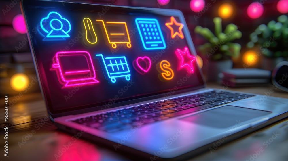 Vibrant neon icons representing online shopping and technology, displayed on a laptop screen in a colorful, modern setting. Vibrant neon icons representing online shopping and technology, displayed on a laptop screen in a colorful, modern setting.