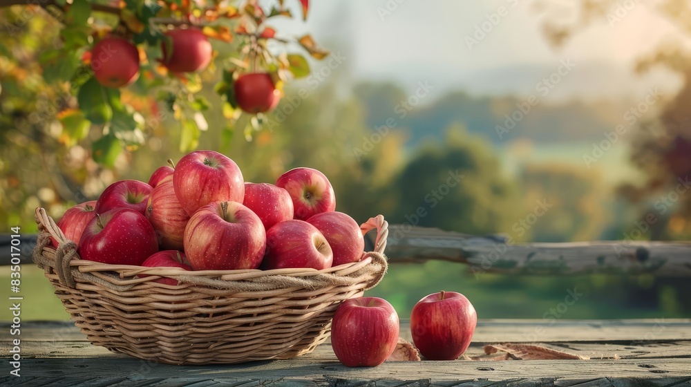rustic jute basket filled with vibrant red apples on farmhouse table idyllic countryside view background rustic jute basket filled with vibrant red apples on farmhouse table idyllic countryside view background
