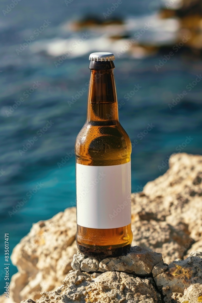 Serene Beachside With Single Beer Bottle on Rocky Shore Serene Beachside With Single Beer Bottle on Rocky Shore
