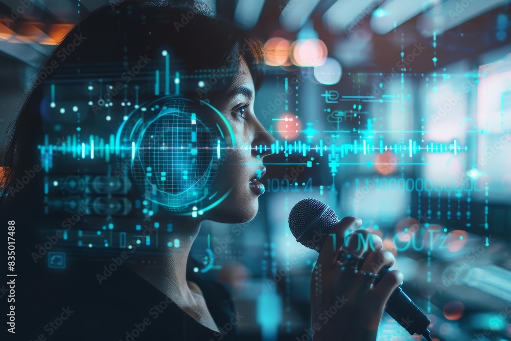 Fototapeta premium A translator using voice recognition technology to translate spoken words focus on innovation, tech theme, dynamic, overlay, tech lab backdrop