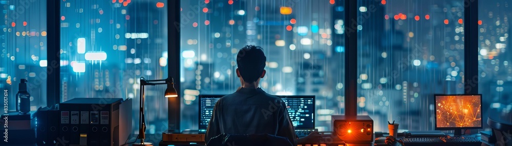 A translator working late into the night on urgent translation tasks focus on dedication, workload theme, ethereal, composite, dimly lit office backdrop A translator working late into the night on urgent translation tasks focus on dedication, workload theme, ethereal, composite, dimly lit office backdrop