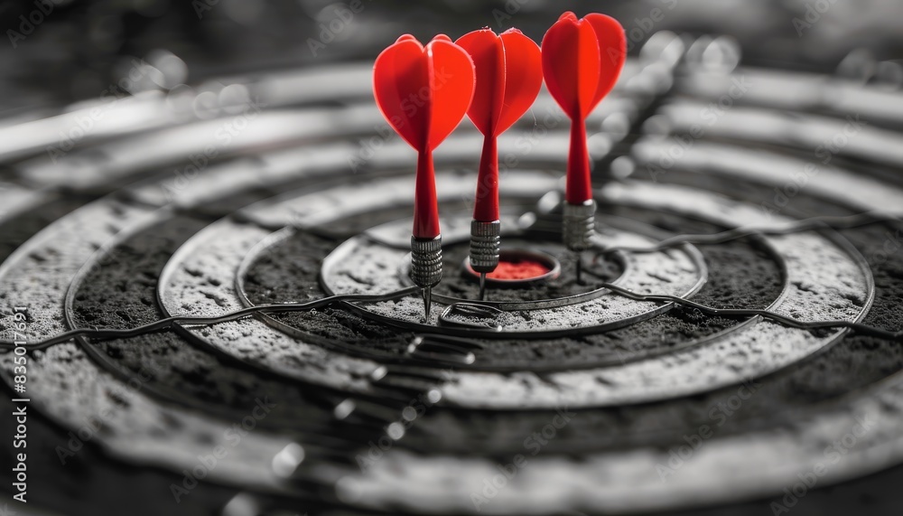 Three red darts hitting the bullseye on a dartboard, symbolizing precision, accuracy, and success in a monochrome background. Three red darts hitting the bullseye on a dartboard, symbolizing precision, accuracy, and success in a monochrome background.