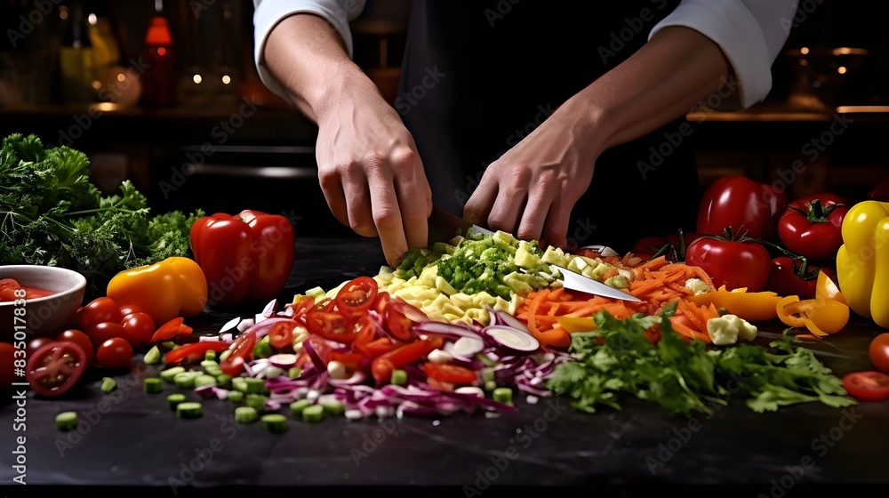 A chef meticulously arranges fresh vegetables on a cutting board A chef meticulously arranges fresh vegetables on a cutting board
