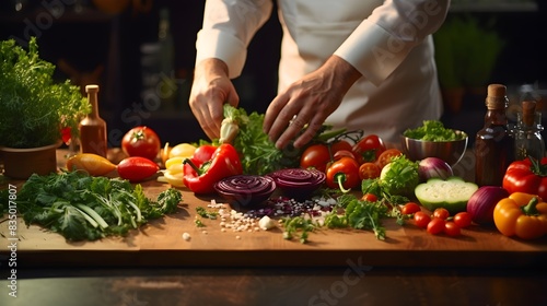 A chef meticulously arranges fresh vegetables on a cutting board