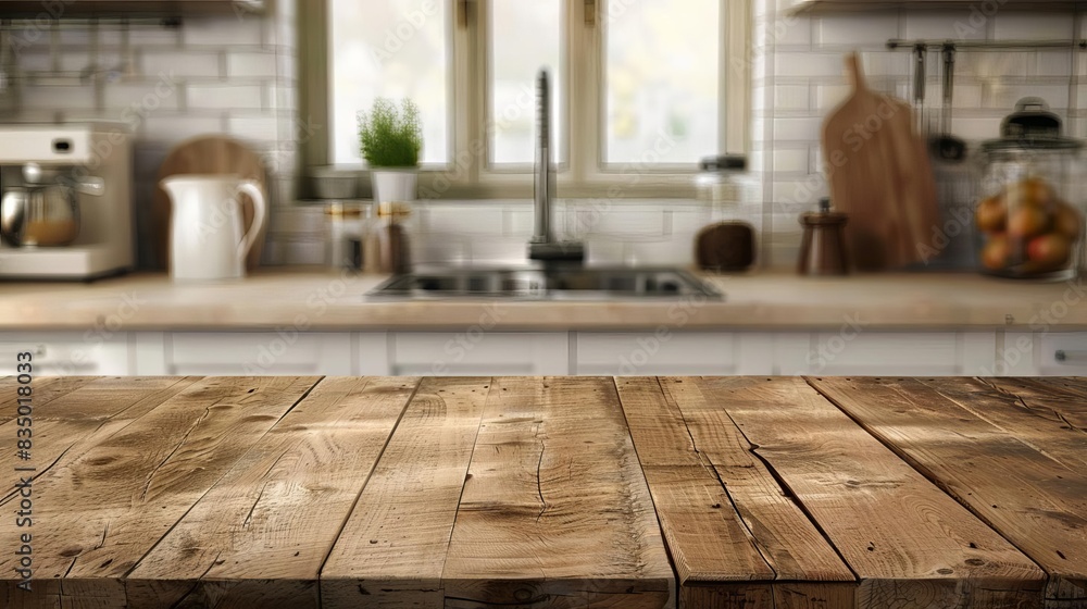rustic wooden table top with copy space over blurred kitchen background rustic wooden table top with copy space over blurred kitchen background