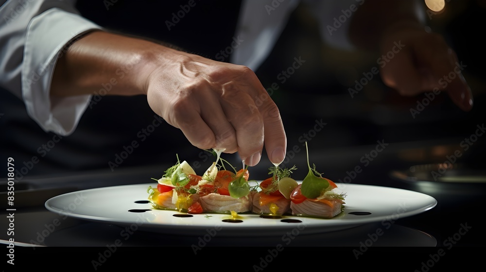 A chef's hands expertly seasoning a dish, A chef's hands expertly seasoning a dish,