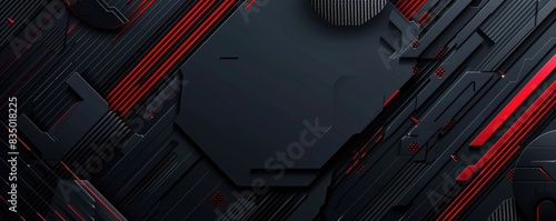 Black background with red accents and geometric shapes.