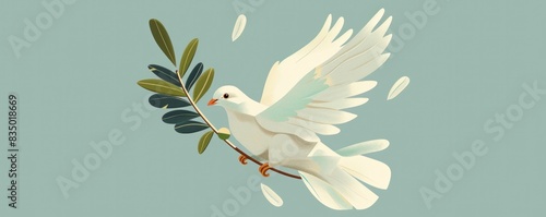 A white dove is flying over a green leafy tree branch. Concept of peace and freedom, as the dove is a symbol of hope and purity. The bright colors of the dove and the leaves create a serene