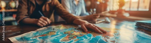 A travel agent consulting with clients about exotic travel destinations selective focus, consultation theme, ethereal, overlay, travel agency backdrop