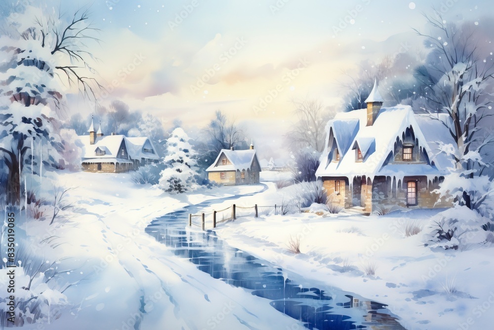 winter landscape with house and snow, generative ai