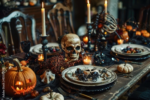 Eerie Halloween Dinner Table with Skull, Pumpkins, and Candles