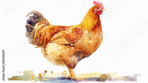 A vibrant watercolor painting of a hen standing against a white background, showcasing its detailed feathers and natural colors. photo