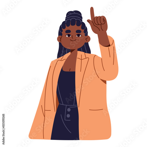 Happy black teenager gesturing, indicates upward with hand. Cute teen girl pointing up with finger. Young person showing direction, way, path. Flat isolated vector illustration on white background
