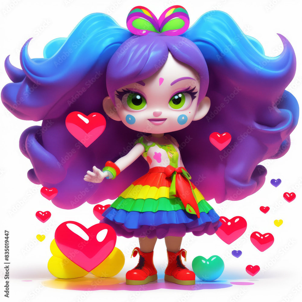 Fototapeta premium 3d female character with intricate rainbow face paint, dressed in a stylish outfit featuring various LGBTQ+ pride elements, standing in a powerful pose with arms raised and surrounded by floating rain