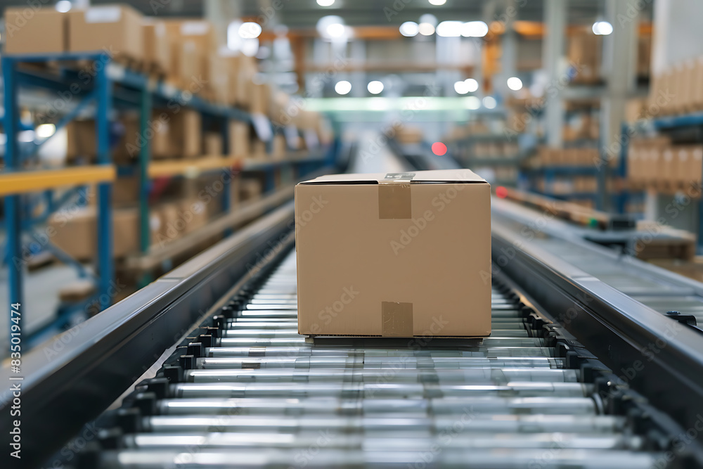 Close-up view of cardboard boxes moving along a conveyor belt in the warehouse. Retail product distribution center with goods in cartons. AI generated Close-up view of cardboard boxes moving along a conveyor belt in the warehouse. Retail product distribution center with goods in cartons. AI generated