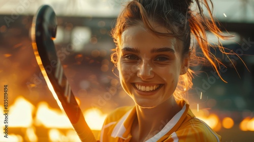 Olympic Paris 2024 sport Focus a cute field hockey player field hockey costume happy face and looking at camera on the center with fire in the back her with blur field hockey stadium background