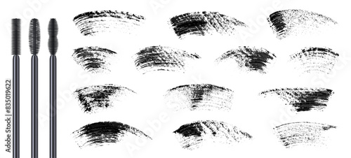 Mascara brush strokes set. Black mascara brush stains collection. Lashes cosmetic. Brush smudge. Mascara applicator stain. Eyelashes. Make up. Beauty product.