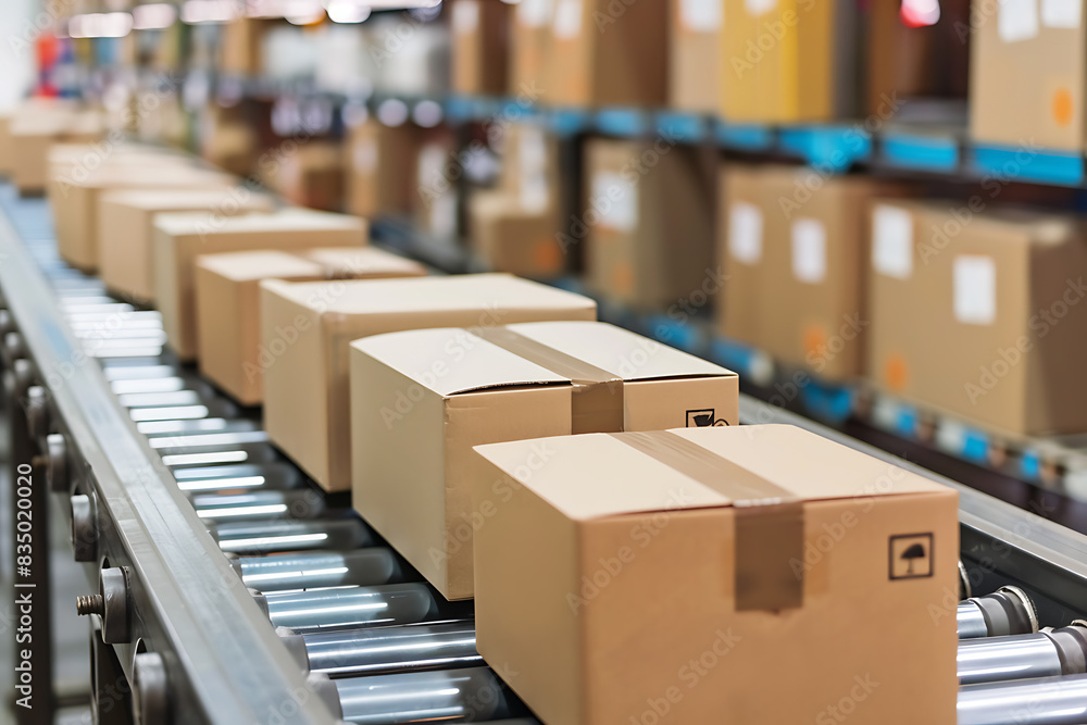 Close-up view of cardboard boxes moving along a conveyor belt in the warehouse. Retail product distribution center with goods in cartons. AI generated Close-up view of cardboard boxes moving along a conveyor belt in the warehouse. Retail product distribution center with goods in cartons. AI generated